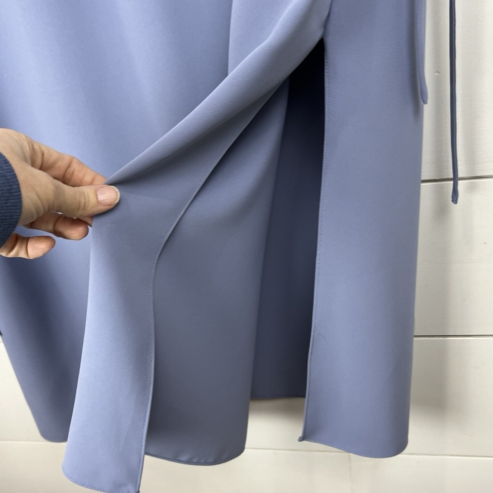 NEW Theory Drawstring Matte Twill Dress Women 6 Blue Midi Long Sleeve - Picture 6 of 13